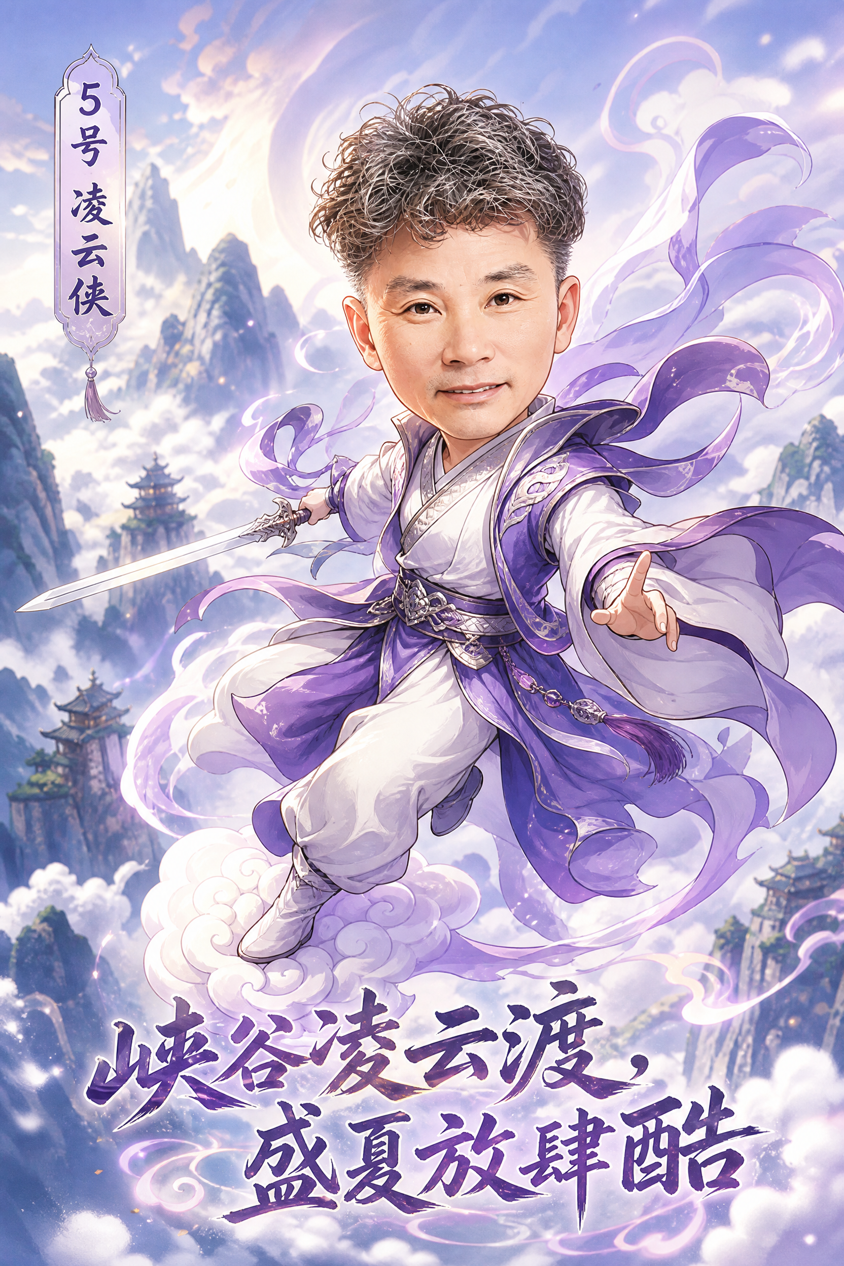 古侠风Q版卡通人物设计，5号【凌云侠】，保留参考图中男子的脸部… - 图片创意预览