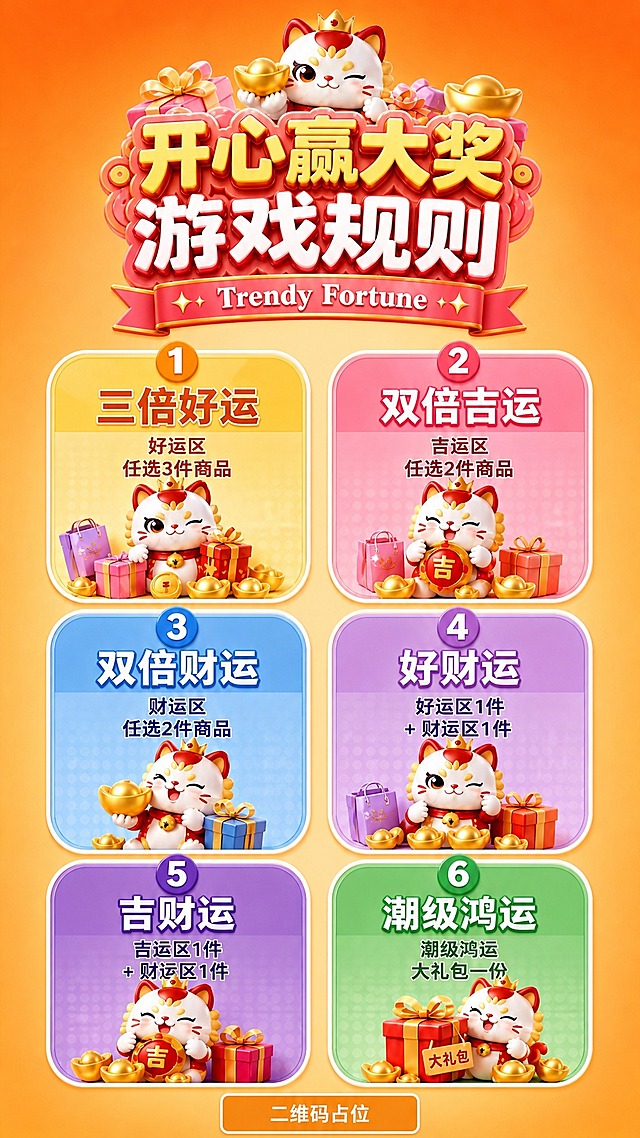 将这张游戏规则海报简化，画面更简洁，重点突出6个兑换奖项。去掉底部的通用规则和价格说明区域，去掉四周大量漂浮的金币金元宝装饰，减少背景装饰元素。保留顶部主标题"开心赢大奖 游戏规则"和英文"Trendy Fortune"，但缩小标题区域占比。中间6个奖项卡片（三倍好运、双倍吉运、双倍财运、好财运、吉财运、潮级鸿运）放大并居中排列，成为画面绝对主体，每个卡片中的招财猫和奖项文字清晰突出。背景改为简洁的暖橙色渐变，减少装饰元素，整体干净清爽，重点突出奖项内容。画面中所有二维码区域使用纯色方块占位符呈现，方块中央标注"二维码占位"文字，严禁生成任何可识别的二维码图案。画面中所有信息区域必须填充完整合理的内容，不得出现空白框。画面中所有数字必须精确渲染，不得错位、遗漏或编造。