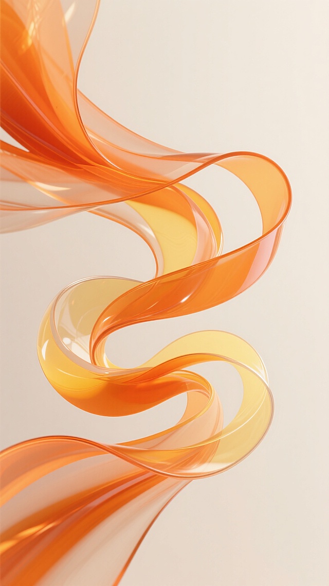 3D渲染风格的抽象背景，以流畅飘逸的橙色和淡黄色渐变透明绸带为主要视觉元素，绸带呈现出自然卷曲、相互缠绕的动态波浪形态，表面有细腻的高光和柔和的阴影，光影从斜上方照射，赋予绸带强烈的立体感和通透的玻璃般质感，整体构图饱满，色彩从深橙到浅黄自然过渡，背景为纯净的米白色，营造出轻盈、现代、富有活力且高端大气的氛围。