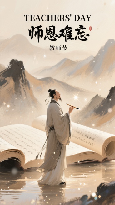 画面构思： 一幅竖版国风插画，主体为一位身着传统长袍、手持毛笔的古代文人形象，立于画面中下部。人物神态庄重而温和，目光远眺，仿佛在思考着传授知识的重任。其长袍线条流畅，衣褶自然，呈现出柔和的质感，体现预览效果