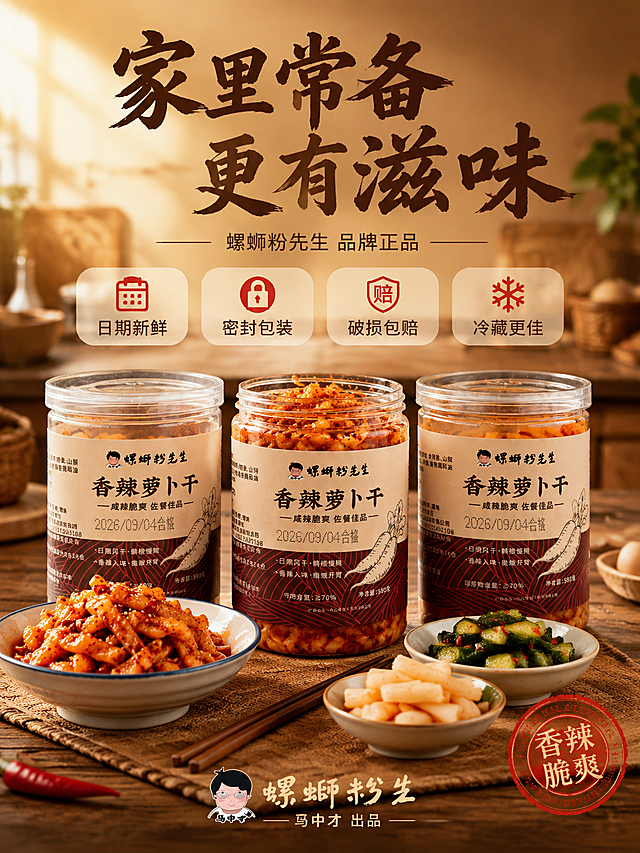 [商品] 使用【图2】【图14】香辣萝卜干罐装产品；保留罐体形状、标签设计、品牌Logo、产品名等所有包装元素；增强罐身质感，不改变包装结构和颜色。
[画面] 页面目标：收尾转化，囤货陈列型，家庭常备与品牌保障收尾。构图：上文下图，上方品牌标题，下方囤货场景。主体位置：画面下半部家庭厨房餐桌场景，三罐香辣萝卜干整齐排列，中间一罐打开，露出红油萝卜干，旁边摆着碗筷和几碟小菜，营造家庭囤货氛围。背景是温馨的厨房环境，暖黄色灯光。主体占比60%。景别：中景。阅读动线：从上至下。前中后景：前景桌面和罐底，中景三罐产品，后景厨房橱柜虚化背景。
[视觉] 套系策略：风格=暖调国风食欲感 家常烟火气 商业美食摄影；标题字=粗笔刷书法字 厚重有力 带飞白；正文字=清爽黑体 圆润易读；主色=暖棕红；背景延展=基于暖棕红做深浅渐变、木纹质感、麻布纹理层次；强调色=朱红，仅用于小面积图标、引线、标签和重点数字；标题色=米白/深棕（按背景深浅切换）；正文色=深棕/暖灰；组件=圆角半透明信息卡、细线引线、圆形印章标识；光影=自然暖阳侧逆光 暖调 油亮光泽突出。
[文字] 顶部主标题：家里常备 更有滋味 粗笔刷书法字 深棕色。副标题：螺蛳粉先生 品牌正品 暖灰色。底部四个服务承诺图标横向排列：日期新鲜 密封包装 破损包赔 冷藏更佳。最底部品牌标识：螺蛳粉先生 马中才 出品。文字清晰，手机端可读，不遮挡产品主体。
[规格] 图片比例3:4竖版，4K，避免变形、错字、文字过小、冷蓝背景、产品颜色改变、包装文字错乱、绝对化用语。