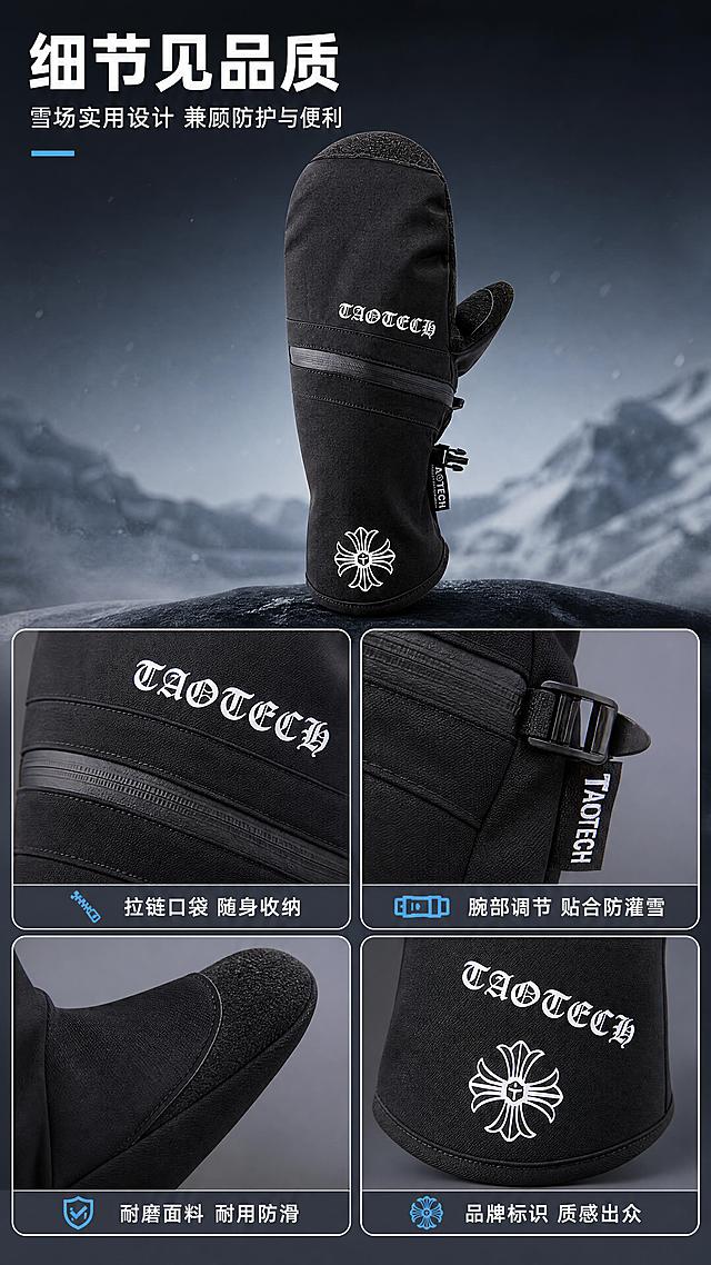 [商品] 使用【图1】和【图2】TAOTECH 黑色连指滑雪闷子手套；图1保留外部全貌、连指版型、黑色面料、白色"TAOTECH"哥特体Logo、腕部十字花图案、腕部调节扣、横向拉链口袋、拇指耐磨面料；图2保留内部拉链开口、防水袋内层、毛绒包边；商品处理：自然去皱，增强面料、缝线、拉链五金、耐磨面料和织唛标的质感，不改变版型、颜色与结构。
[画面] 目标：展示拉链、腕部调节、掌心耐磨、品牌标识等细节。构图：宫格拼贴竖版，上方1张大图（手套外部侧视全貌，占画面约40%），下方4个小宫格分别展示：①横向拉链口袋细节 ②腕部调节扣与织唛标 ③拇指/指尖耐磨面料 ④品牌Logo与十字花图案特写。背景统一冷深灰渐变，每个宫格有细微白色描边。阅读动线：从上到下，先总览后看细节。前中后景：前景宫格产品、中景分隔线与标签、后景冷深灰背景。
[视觉] 套系策略：风格=户外机能风冷调商业摄影；标题字=现代无衬线粗体；正文字=简洁无衬线体；主色=炭黑+冷灰；背景延展=基于冷灰蓝做深浅层级、同色渐变和雪雾质感；强调色=冰蓝，仅用于小面积图标、引线和标签；标题色=纯白；正文色=浅冷灰；组件=圆角半透明深色信息卡、细线冰蓝引线、宫格细描边；光影=左前侧冷调柔光，突出材质肌理与五金光泽。
[文字] 顶部主标题"细节见品质"，副标题"雪场实用设计 兼顾防护与便利"；4个宫格下方分别配短标签："拉链口袋 随身收纳"、"腕部调节 贴合防灌雪"、"耐磨面料 耐用防滑"、"品牌标识 质感出众"；所有文字横向排版，字号保证移动端清晰可读。
[规格] 图片比例9:16竖版，分辨率4K，质量low；避免变形、错字、文字过小、颜色改变、暖色调背景、极限词。
