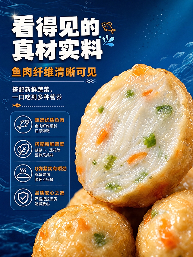 [商品] 使用【图1】平海杂菜鱼丸切面图；重点保留切开的丸子剖面，清晰展示鱼肉纤维纹理和胡萝卜、葱花等蔬菜颗粒，保留丸子金黄外皮与内部白嫩鱼肉的对比。
[画面] 产品细节-切面纹理展示页，左文右图布局，深蓝渐变背景；右侧大特写切开的丸子剖面，占画面约60%，微距质感，鱼肉纤维和蔬菜颗粒清晰可见；左侧为文字说明区，搭配小图标装饰；底部有少量完整丸子作为衬托。
[视觉] 套系策略：风格=高清美食商业摄影+海洋蓝主题设计；标题字=粗黑体/综艺体，厚重有力；正文字=圆体，圆润亲和；主色=深海蓝（#0A3D62）；背景延展=由深海蓝向浅海蓝渐变，叠加细腻海浪纹理和水波纹；强调色=暖橙色（#FF8C00），仅用于价格、卖点标签、图标点缀；标题色=白色；正文色=浅蓝白；组件=圆角半透明信息卡、细白线分隔、鱼形装饰元素；光影=左前侧暖柔光，丸子剖面有细腻质感高光。
[文字] 左侧上方主标题"看得见的真材实料"（白色粗黑体大字），下方副标题"鱼肉纤维清晰可见"（橙色强调），再下方正文"搭配新鲜蔬菜，一口吃到多种营养"（白色圆体）；文字不遮挡丸子剖面主体。
[规格] 图片比例3:4竖版，分辨率2K，避免变形、错字、文字过小、冷灰背景、丸子颜色失真。