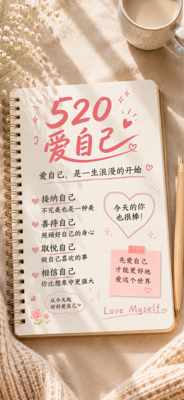 520好好爱自己手账风治愈文案全屏海报预览效果