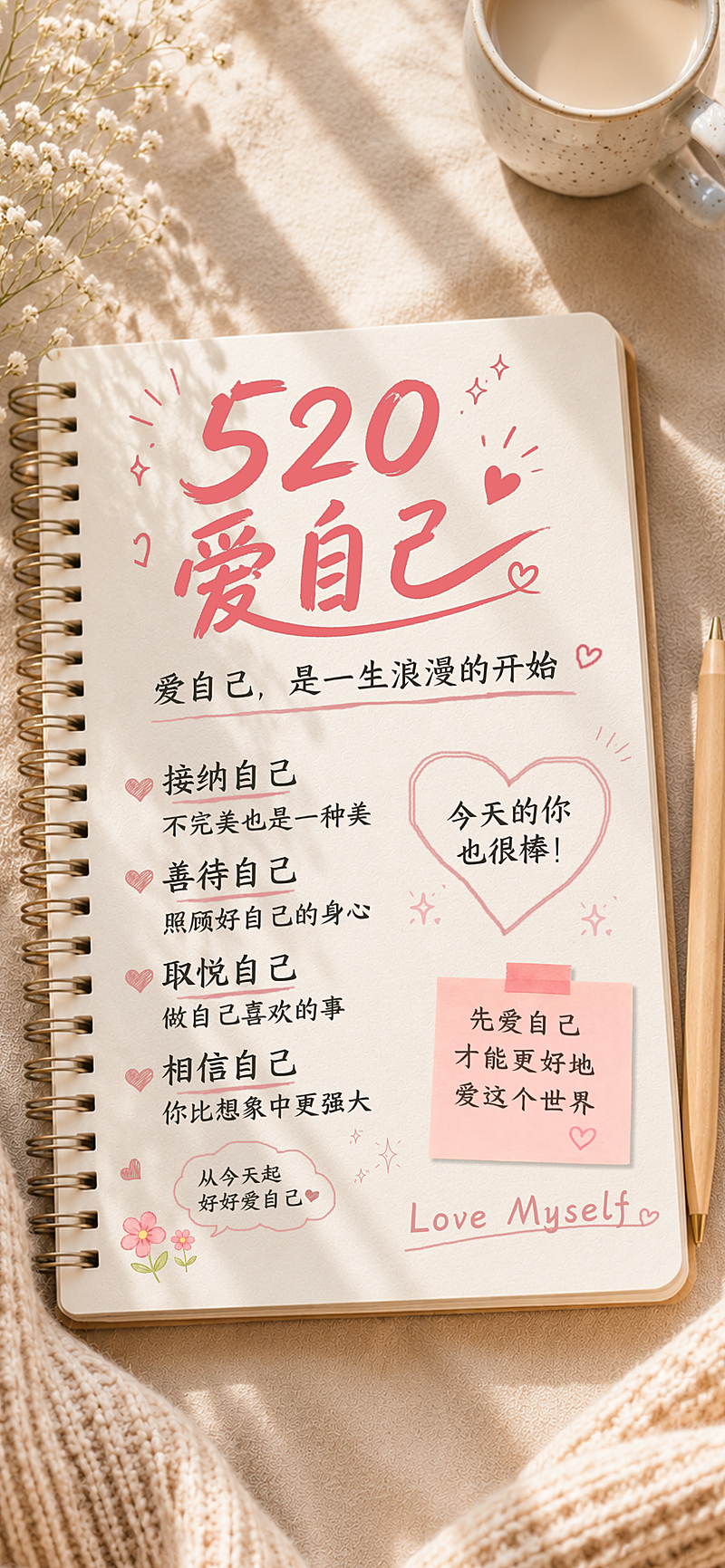 520好好爱自己手账风治愈文案全屏海报