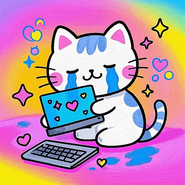 可爱猫咪拟人化，使用笔记本电脑，水彩风插画，波普艺术背景，充满童趣与梦幻。