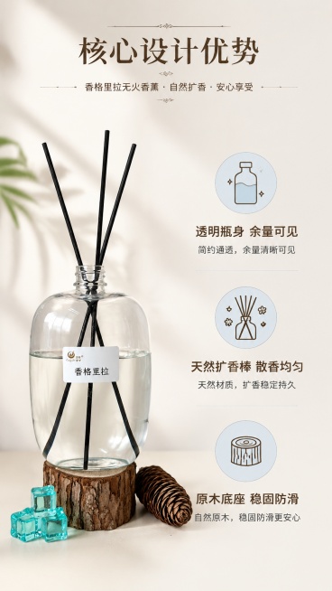 [第2屏] 核心卖点展示页-香格里拉无火香薰设计优势解读，本屏使用【图1】作为商品主体。
[氛围/风格] 简约清晰卖点版式，柔和光影，干净通透质感。
[元素布局] 左侧放置香薰产品特写，占比约50%，预览效果