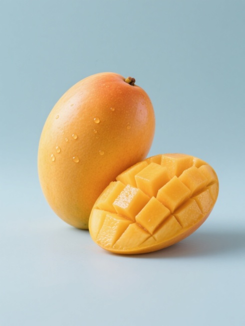 简约现代风格的纯色背景芒果元素图案，单个完整芒果与切半带网格状果肉的芒果组合，芒果呈现鲜亮的橙黄色，表面光滑带有自然光泽和少量水珠质感，整体构图规整对称，无文字无logo无水印，画面干净简洁，突出芒果的形态美感和新鲜质感预览效果