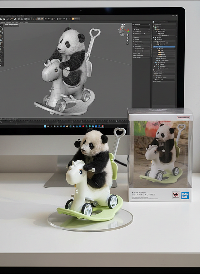 将这个图片制作成一个商业化1/7比例手办，风格写实，环境逼真。手办放置在电脑桌上，配有一个圆形透明亚克力底座，底座上没有文字。电脑屏幕上显示着手办的Zbrush建模过程。电脑屏幕旁边是一个万代风格的透明玩具盒，上面印有原始画作。