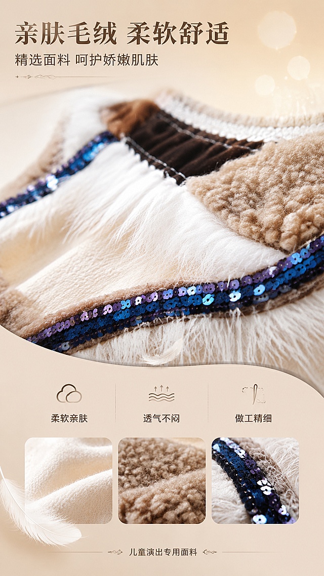 [第4屏] 面料细节-毛绒亲肤材质工艺展示页。本屏使用【图4】局部特写毛绒质感。
[氛围/风格] 质感特写风，柔和自然光，突出面料触感，高级细节摄影质感。
[元素布局] 画面上半部分为服装毛绒面料的微距特写，展示毛绒纹理、拼接缝线、亮片装饰带，占比约60%；下半部分为材质说明区，搭配面料小样卡片、羽毛装饰；背景为浅棕色渐变，有柔和光斑；面料颜色、质感与输入图一致。
[光影质感] 侧方45°柔光照射，突出毛绒立体质感，绒毛根根分明，亮片有细碎反光。
[配色色系] 全局底色 #E8DDD0 浅棕渐变；主色米白毛绒、浅棕毛绒；辅助色深蓝亮片、白色羽毛；点缀色暖金色高光。
[视角构图] 上特写下说明布局，微距特写视角，阅读动线上方面料特写 → 下方材质说明。
[文字版式] 上方主标题「亲肤毛绒 柔软舒适」，副标题「精选面料 呵护娇嫩肌肤」；下方三个材质卖点配小图标：「柔软亲肤」「透气不闷」「做工精细」；底部小字说明「儿童演出专用面料」；字体柔和优雅，配细线分隔。
[比例分辨率] 9:16 竖版比例，4K分辨率，文字清晰可辨，高清画质。
[负向提示词] 面料变形，颜色偏差，水印，文字错乱，面料模糊，背景杂乱。