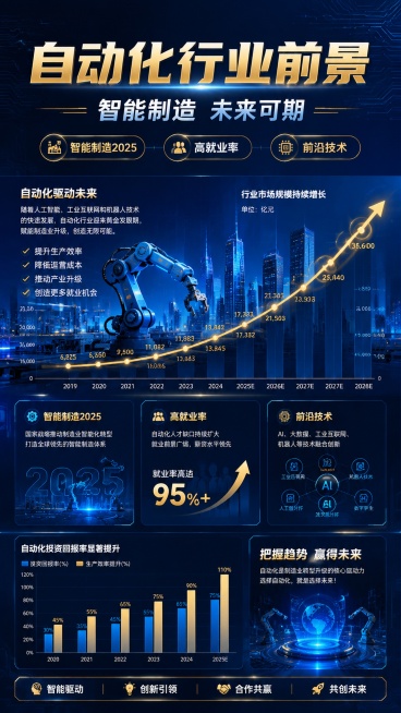 现代风格数据可视化海报，展示自动化行业前景，画面包含上升的折线图体现行业增长。主标题“自动化行业前景”，副标题“智能制造 未来可期”，突出显示关键词“智能制造2025”、“高就业率”、“前沿技术”。背预览效果