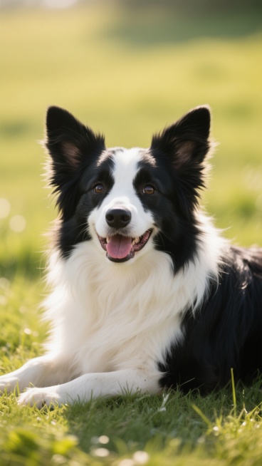一张黑白相间的边牧犬，它正趴在草地上，耳朵竖起，眼睛看向前方，嘴巴张开，露出舌头，显得非常开心。阳光明媚，照亮了它的毛发，使其呈现出柔软的质感。预览效果