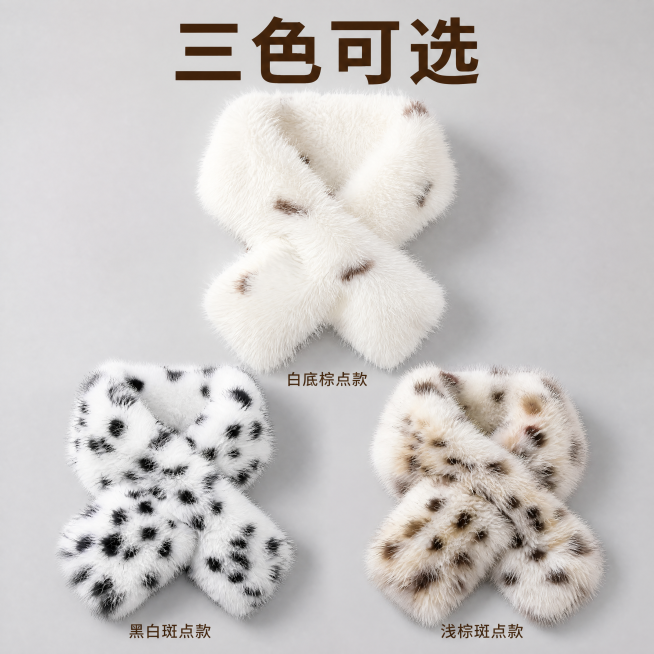 [主图-5] 三种颜色环保毛围脖合集展示
[氛围风格] 干净整齐 直观清晰
[画质] 商业摄影质感、光线均匀、产品清晰真实
[元素] 一张图展示三种颜色环保毛围脖：上排白底棕点款、左下黑白斑点款、右下预览效果