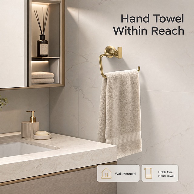 [主图-4] 金色浴室手巾环（Gold Towel Ring）真实使用场景图，唯一任务是在完整浴室空间中展示手巾自然搭挂的真实使用状态，不重复结构与尺寸信息。
[统一基调] 现代极简高端卫浴电商视觉：背景主色浅灰米白 #F2F0EB 与白色大理石纹，标题字色深石墨灰 #2E3238，辅助字色中灰 #6B7178，强调色香槟金 #C8A96A；只使用一款无衬线字体，仅字号层级变化；组件统一为 8px 圆角细描边卡片、1px 浅灰描边、细线引线配金色圆点、线性金色小图标。
[画面] 满版浴室实景，画面包含白色大理石纹瓷砖墙面、浅色岩板洗手台面、台盆下柜体与侧边镜柜四个空间层次，不是空墙；金色壁挂手巾环安装在镜柜旁边的墙面，一条浅米色折叠手巾自然穿过开口环臂搭挂，环臂与手巾的接触点、受力方向、遮挡关系和垂坠感真实清晰，产品安装平整贴合墙面；产品保持与输入图一致的外观、结构、材质、颜色，不新增固定件、挂钩、配件或人物。
[光影质感] 明亮侧前光自左上射入，手巾织物有柔和阴影，金属表面有干净香槟金高光，墙面投下浅淡自然影；产品与墙面自然融合，无硬切边、无白底残留、无悬浮感、无穿模。
[配色] 沿用浅灰米白与香槟金主色家族，手巾与空间色只作环境色，不出现强撞色。
[文字版式] 标题 "Hand Towel Within Reach" 置于右上留白区、字号最大，底部横排两张短标签卡 "Wall Mounted"、"Holds One Hand Towel"，字号为标题 50% 以下，全部横排、无逗号、无中文。
[输出要求] 1:1 正方形，场景真实、产品清晰；负向：变形、手巾穿模、产品悬空、错字、模糊、水印、平台 Logo、中文内容。