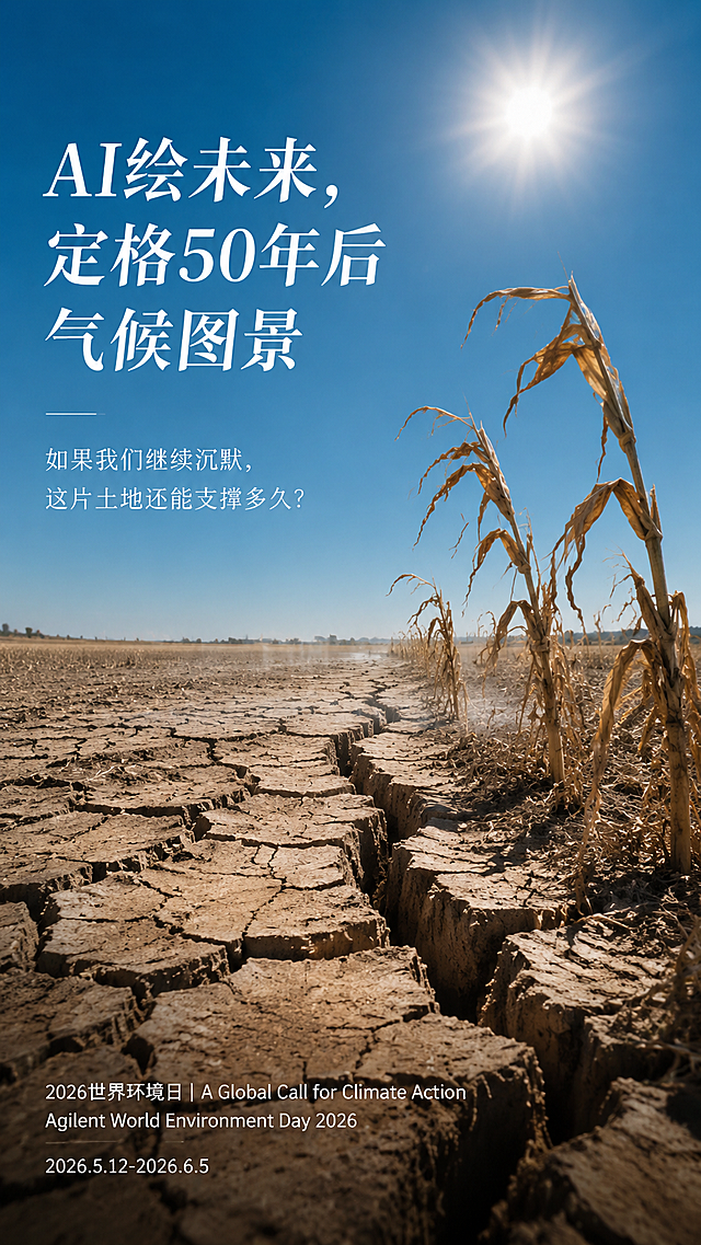 A vertical 9:16 poster. Photojournalistic realism. A vast farmland turned to cracked, parched earth, 2026. Deep fissures spread across the ground like open wounds. A few dried, withered corn stalks lean crookedly at the edge of cracks. Cloudless sky, intense sun, faint heat haze rising from the ground. No people, no animals. Stark, documentary mood. Add these text elements on the poster with natural, elegant typography that fits the composition:  Title: "AI绘未来，定格50年后气候图景"  Slogan: "如果我们继续沉默，这片土地还能支撑多久？"  Footer: "2026世界环境日 | A Global Call for Climate Action" / "Agilent World Environment Day 2026" / "2026.5.12-2026.6.5" Let the AI freely arrange the text placement for the best visual balance.