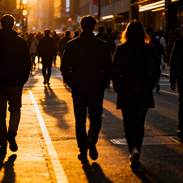 周五晚上下班高峰，城市街头众多行人的背影，街道上人流攒动，暖黄的街灯光线，氛围感写实街景，下班归家的人群背景