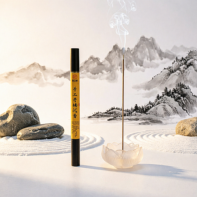 将背景替换为古风简约新中式禅意背景，保留原产品香管与琉璃香座完整不变，画面雅致静谧，暖调柔和光影