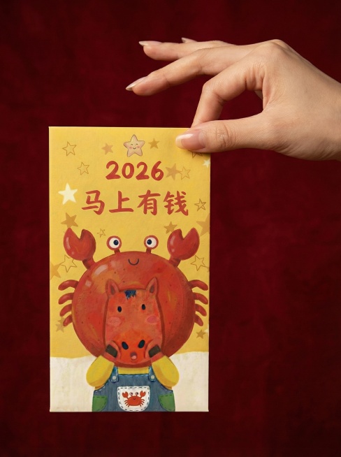 生成一张图片，要求背景为暗红色，一个手持红包的图片。所持红包的图我给你了，现在生成。注意，手纤细修长。红包图片与我给的原图保持完全一致，风格、字体、形状不要任何调整。要求真人实拍场景，手捏住红包的一角预览效果