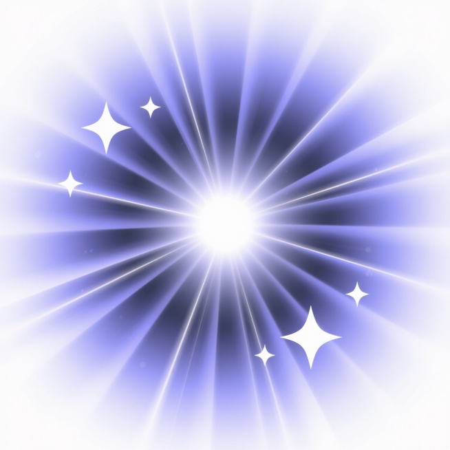 一个明亮的放射状光芒设计，中心为耀眼的白色光点，向外发散出多层细长的光线，光线呈现出柔和的蓝紫色渐变效果，从中心的亮白逐渐过渡到外围的淡蓝紫色，光芒周围点缀着几颗大小不一、边缘锐利的四角星形装饰，整体画面具有简洁的数字插画风格，光线和星星边缘平滑无锯齿，背景为纯白色，营造出梦幻、神秘且充满科技感的氛围。预览效果