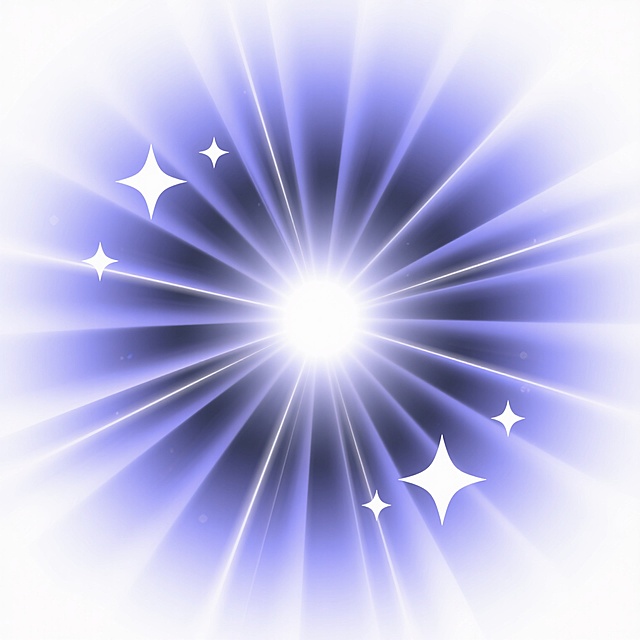 一个明亮的放射状光芒设计，中心为耀眼的白色光点，向外发散出多层细长的光线，光线呈现出柔和的蓝紫色渐变效果，从中心的亮白逐渐过渡到外围的淡蓝紫色，光芒周围点缀着几颗大小不一、边缘锐利的四角星形装饰，整体画面具有简洁的数字插画风格，光线和星星边缘平滑无锯齿，背景为纯白色，营造出梦幻、神秘且充满科技感的氛围。