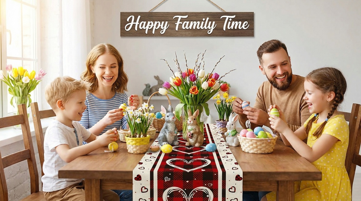 欧美家庭在铺有红黑格纹爱心桌旗的餐桌旁互动，大人孩子一起摆放复活节装饰，氛围温馨欢乐，英文文字“Happy Family Time”预览效果
