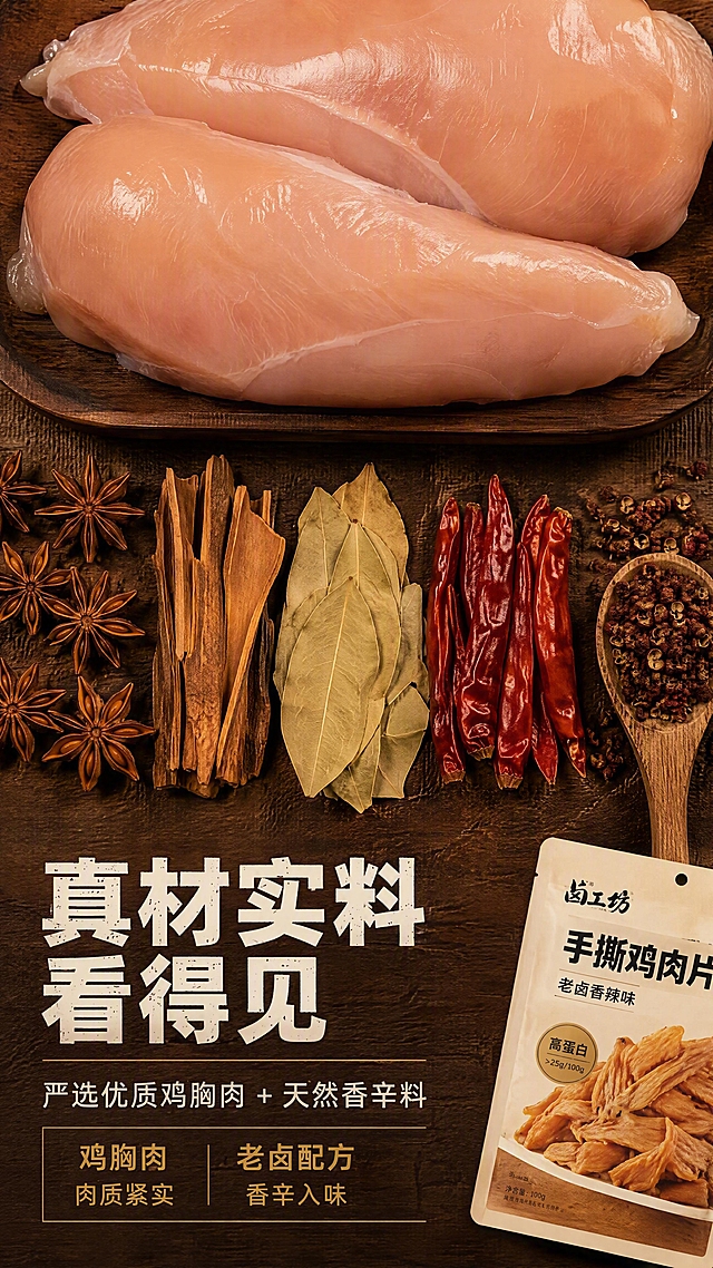 [第3张] 详情页成分原料专张-严选鸡胸肉与天然香辛料展示。本张为原料专张，以食材原料为主视觉，产品包装仅作辅助。
[氛围/风格] 天然食材质感，原木色调，新鲜原料俯拍平铺，商业摄影质感。
[元素布局] 画面上半部分为新鲜鸡胸肉生肉特写，肌理清晰，占比约35%；中间横向排列八角、桂皮、香叶、干辣椒、花椒等天然卤料，原料颗粒大且清晰，主视觉合计占画面50%以上；右下角小尺寸露出一袋手撕鸡肉片包装作为产品关联，占比约15%；背景为深棕色木质台面。
[光影质感] 顶部柔光均匀铺洒，食材表面自然光泽，卤料颗粒立体感强，整体温暖厚重。
[配色色系] 全局底色 #5C3A2A（深木棕）；主色食材本色；辅助色金黄 #D4A248、米白 #F5EFE6。
[视角构图] 俯视平铺构图，阅读动线上部鸡胸肉→中部卤料→下部标题说明。
[文字版式] 画面下部文字区：主标题「真材实料 看得见」（粗黑体，米白色，大字号），副标题「严选优质鸡胸肉 + 天然香辛料」（细黑体，米白色）；下方两行小标签：「鸡胸肉 肉质紧实」「老卤配方 香辛入味」；字色米白+金黄两色；原料元素放大占主画面，禁止小icon点缀。
[比例分辨率] 9:16 竖版比例，4K分辨率，文字清晰可辨，高清画质。
[负向提示词] 原料不新鲜，画面脏乱，文字过小，水印，虚假宣传，医疗功效。