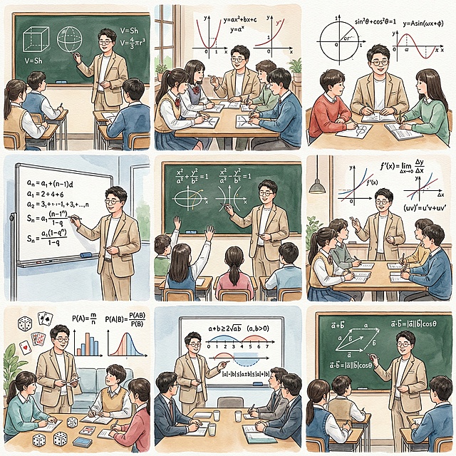 帮我生成关于高中数学的九宫格图片，要有老师和学生，老师的脸帮我设计成这张图片的，学生是中国人，场景是教室、家里、办公室、咖啡厅等，帮我生成20张