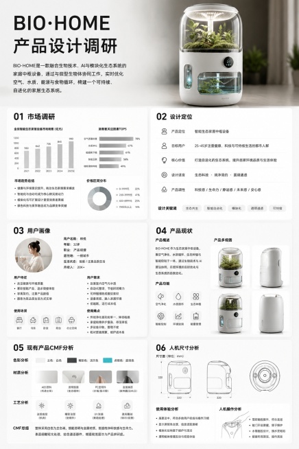 生成一张A3竖向BIO·HOME产品设计调研展板，参考第二张图的版式布局，分为六个区块：01市场调研、02设计定位、03用户画像、04产品现状、05现有产品CMF分析、06人机尺寸分析。主标题为"BI预览效果