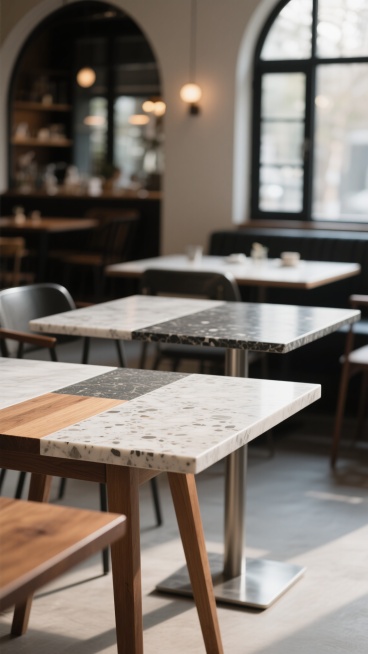高清质感餐桌特写，不同材质纹理的桌面（如哑光大理石、水磨石、原木拼接、复古金属等），搭配多种配色方案（北欧极简白灰、日式原木暖棕、莫兰迪撞色、工业风黑银等），背景为虚化的咖啡馆或餐厅环境，柔和自然光线从拱形窗户洒入，温暖朦胧的光斑效果，木质或金属桌腿细节，整体呈现简约高级的现代设计感，突出桌面质感与空间氛围的融合。预览效果
