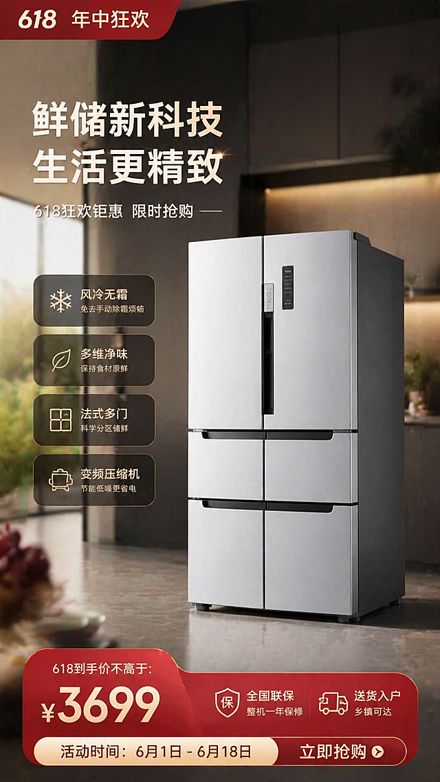 618商业营销海报，包含这款多门冰箱，加入商品精简信息图元素，高质感配色，f/2.8柔和景深照片写实风格，无畸变，618促销主题，商业营销风格