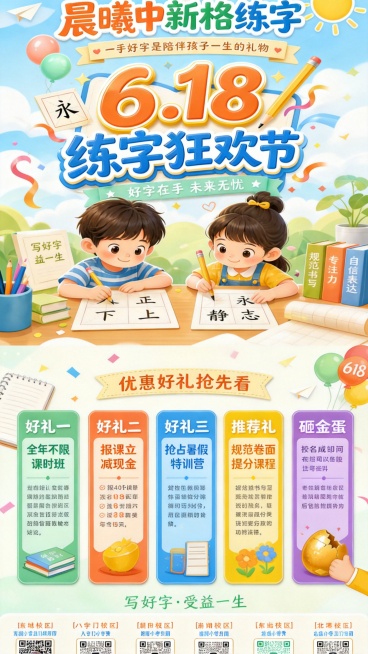 将两张618练字狂欢节海报合成一张竖版海报，保持整体风格统一，尺寸比例9:16，上方放第一张海报的标题和校区信息，下方放第二张海报的优惠活动内容，保留所有文字信息，色彩鲜艳活泼，适合少儿培训宣传预览效果