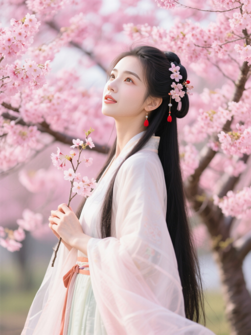 一位身着古风服饰的女子，她身处一片盛开的粉色花树之中。女子长发披肩，发间点缀着花朵，搭配红色耳饰，尽显古典雅致。她手持花枝，衣袂飘飘，背景的花朵繁茂艳丽，营造出一种唯美、浪漫的氛围，仿佛描绘了一个春日预览效果