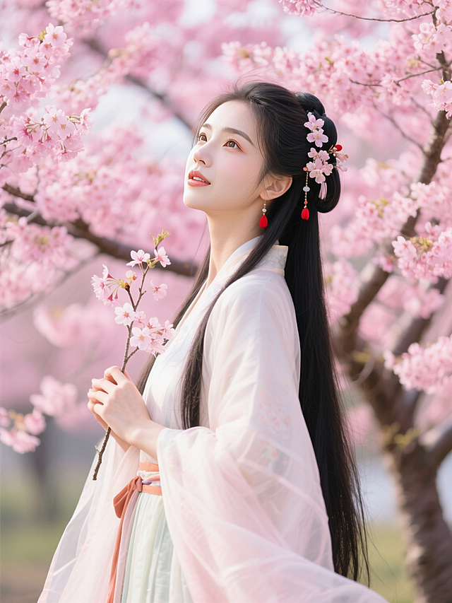 古典中式风格，唯美的樱花背景，优雅浪漫的汉服少女，清新国潮风设计。
