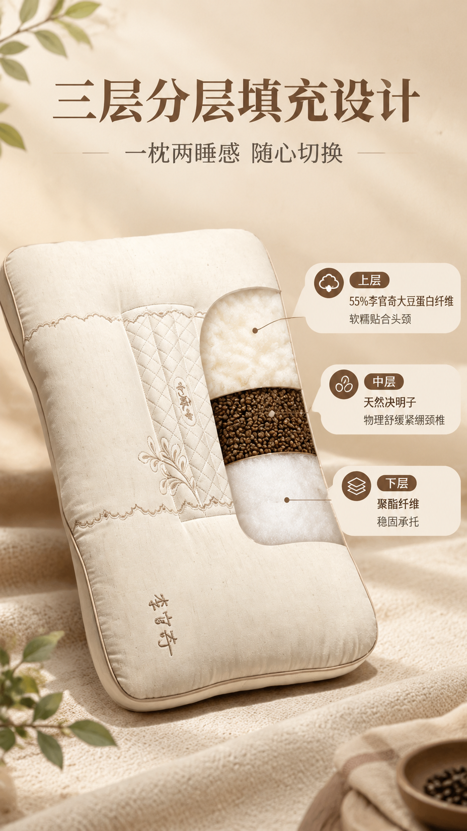 [商品] 使用【图1】棉麻决明子枕芯；保留枕芯整体外观、米白色… - 图片创意预览