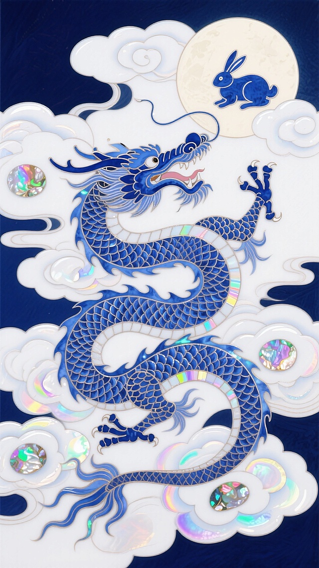 工笔风蓝龙腾云，刺绣质感与玻璃光泽交织，月宫玉兔点缀，中式古典与梦幻唯美融合，尽显民族优雅。