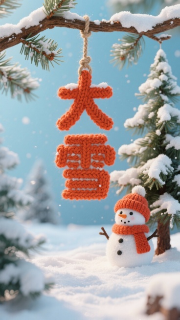 画面中央为橙红色针织质感的 “大雪” 立体字（通过麻绳悬挂于松枝间），下方雪地场景中有一个戴针织帽的雪人、积雪松树，冬日氛围预览效果