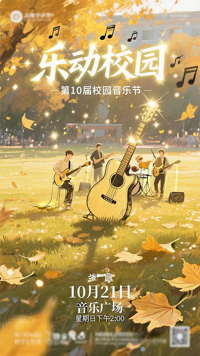 梦幻感水彩风插画，拟人化吉他点亮秋日校园，温暖光影交织文艺氛围，传递音乐节温馨与诗意。