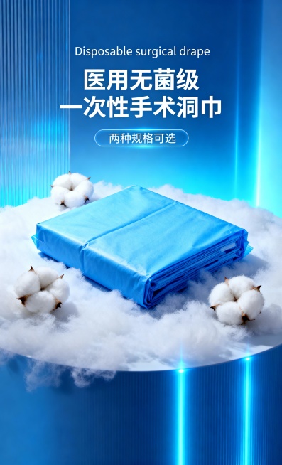 医用无菌级一次性手术洞巾产品详情页头图，蓝色包装产品，白色棉花装饰，柔和光线，科技感蓝色渐变背景，“Disposable surgical drape”“医用无菌级 一次性手术洞巾”“两种规格可选”文预览效果