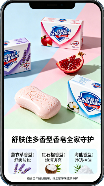 舒肤佳香皂商品展示页，展示薰衣草、红石榴、海盐三种香型香皂和包装盒，清晰展示产品外观，突出不同香型特点，说明适合各个年龄人群使用，给全家带来健康保护，竖版手机端电商详情页设计，风格干净清新。预览效果