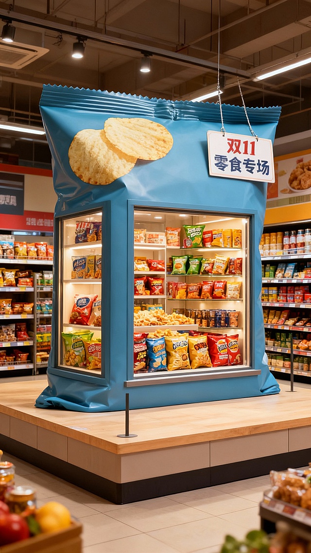 以超市为背景，中央是图中主体巨大化，主体倍放置在展台上，主体瓶身内设计成橱窗形式，无LOGO，瓶身内展示着各类零食，袋身上挂着牌子“双11 零食专场”。