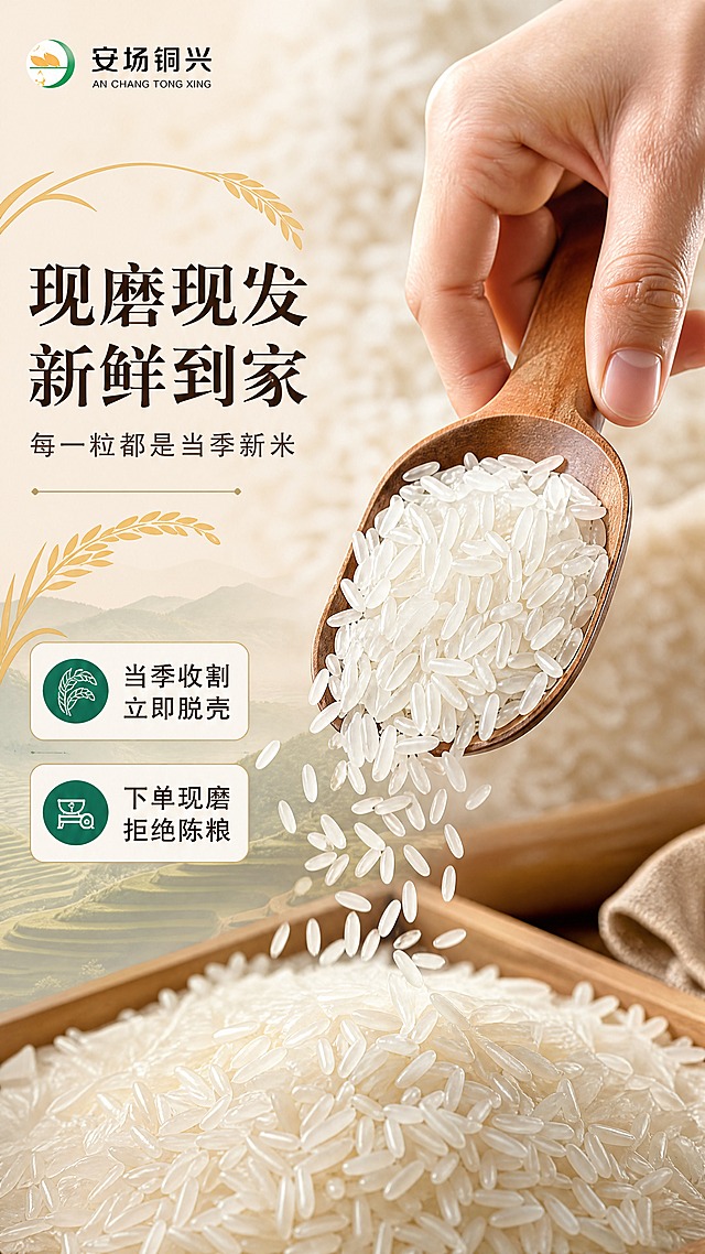 [商品] 使用【图1】安场铜兴贵州梯田长粒香大米；保留米粒形态、颜色与质感，米粒从木勺中缓缓洒落的动态瞬间。
[画面] 目标：手部动作页，展示舀米瞬间，增强真实感与互动感。构图：中景偏上，一只手（亚洲人手部，自然肤色）握着木勺从米堆中舀起，部分米粒正从勺边洒落，形成动态弧线；下方米堆承接洒落的米粒；背景为虚化的大量米粒与木质桌面。动作清晰自然，米粒动态真实。
[视觉] 套系策略：风格=原生态田园风商业美食摄影；标题字=宋体粗体（厚重有质感）；正文字=简洁无衬线体；主色=米白+稻穗金；背景延展=基于米白做深浅渐变、稻穗金点缀、梯田绿远山层次；强调色=梯田深绿，仅用于小面积图标、引线和标签；标题色=深棕褐；正文色=暖灰褐；组件=圆角米白底信息卡、细金线引线、稻穗装饰元素；光影=左前侧暖自然光，手部与木勺有自然阴影，洒落米粒有动态模糊感。
[文字] 左侧竖排区域（文字横排）主标题「现磨现发 新鲜到家」，副标题「每一粒都是当季新米」；下方2个卖点：「当季收割 立即脱壳」「下单现磨 拒绝陈粮」。文字均为横排，位于左侧信息区，不遮挡手部与米粒动态主体。
[规格] 图片比例9:16竖版，4K分辨率，负向提示：避免变形、错字、文字过小、手部肤色异常、米粒动态不自然、绝对化极限词。