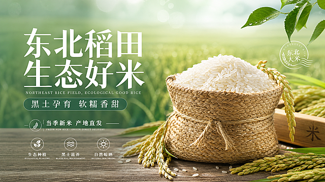 参考提供的生态农场海报风格，制作一张东北大米横版海报，浅青色调模糊稻田背景，左侧主标题大字"东北稻田 生态好米"，副标题"黑土孕育 软糯香甜"，文案"当季新米 产地直发"，搭配编织袋盛放东北大米实物图在右侧，保留整体排版和设计风格，大米产品宣传海报