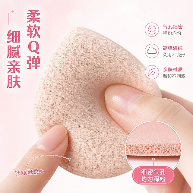 [主图-3] 材质细节与肤感展示，放大粉扑的细腻气孔和柔软质感。
[统一基调] 整体风格为甜美粉嫩少女风，背景主色为渐变柔粉色与奶白色，标题字色为深粉色，辅助字色为浅灰色，强调色为玫粉色，字体为干净圆润的非衬线体，字号层级分明，卡片为圆角半透明粉色，图标为简约线条风。
[画面] 画面主体为一颗水滴形粉扑的超微距特写，展示粉扑表面的细密气孔纹理和柔软绒面质感，粉扑被手指轻轻按压凹陷，体现Q弹柔软的特性，主体占画面约70%。背景为纯净的奶白色，有柔和的光晕。画面右下角有一个圆形放大 inset 小窗，展示粉扑截面的气孔结构，标注「细密气孔 均匀释粉」。画面左下角有一根手指轻轻触碰粉扑表面，展示亲肤触感。
[光影质感] 微距摄影质感，侧光打亮粉扑表面纹理，气孔细节清晰可见，按压凹陷处有自然的明暗过渡，材质柔软真实，触感可见。
[配色] 主色为裸肤色与奶白色，点缀浅粉色与玫粉色，整体柔和高级。
[文字版式] 左上角竖排主标题「柔软Q弹 细腻亲肤」，字号大而醒目。右侧有三行小图标+文案的卖点：「气孔细密 释粉均匀」「高弹海绵 久用不变形」「亲肤材质 温和不刺激」。文字均放在画面边缘负空间，不遮挡主体细节。
[输出要求] 1:1正方形比例，2048x2048像素，文字清晰可读，产品细节清晰锐利，无变形错字，无水印，无平台Logo，画面质感高级。