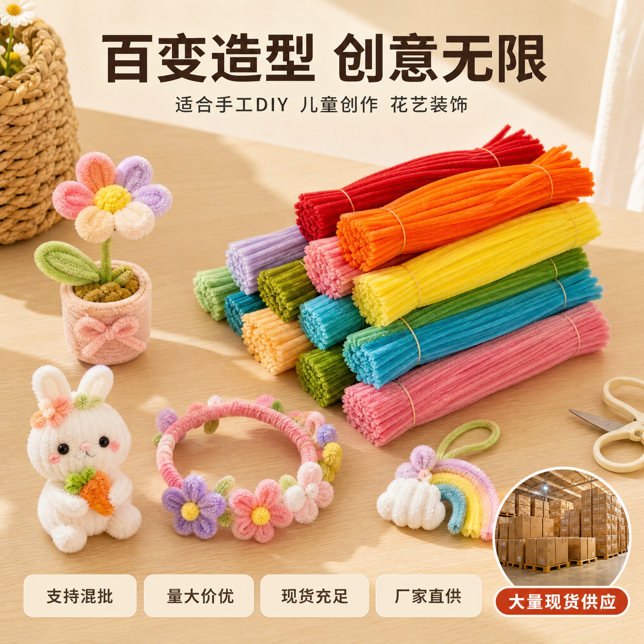 [主图-3] 马卡龙色扭扭棒 DIY毛根毛绒条 成品效果与使用… - 图片创意预览