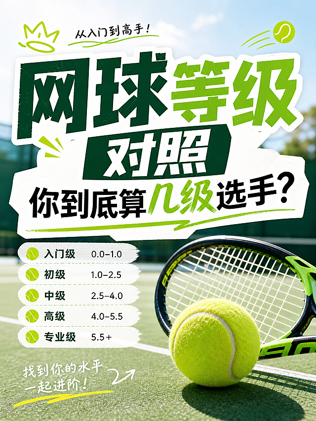 小红书封面图，主题是"网球等级对照，你到底算几级选手"，清新运动风格，包含网球元素和醒目的标题文字，排版简洁抓眼球，适合手机展示