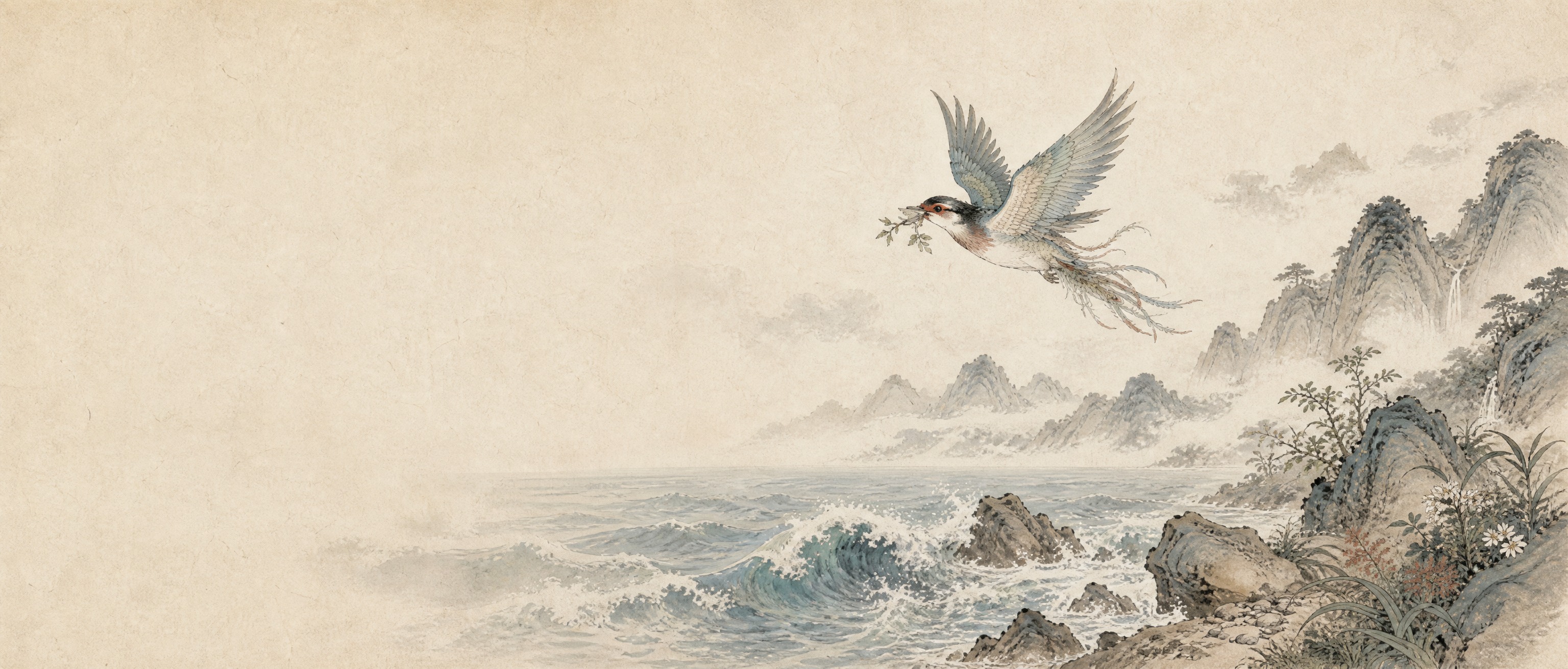 中国古风水墨工笔画风格，参考图3的精卫填海画面构图和图1图2的… - 图片创意预览
