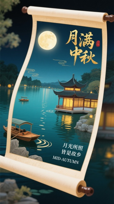 新中式风格中秋节海报，流淌而下的卷轴作为视觉主线，卷轴内部展现微缩西湖夜色全景，移轴镜头效果突出场景层次感。画面中心偏上为柔光满月，月光洒向碧波湖水与中式亭台建筑，亭台透出暖黄灯光，湖面上有细微波纹与预览效果