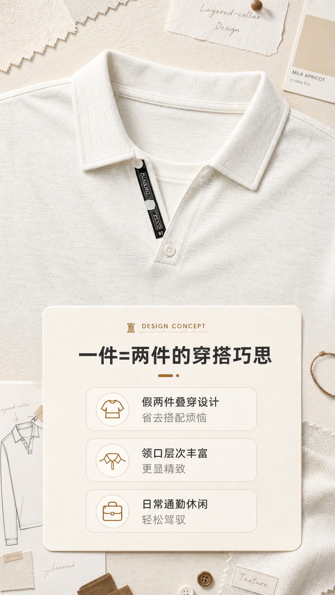 [商品] 使用【图1】米白色假两件翻领长袖Polo衫；商品处理… - 图片创意预览