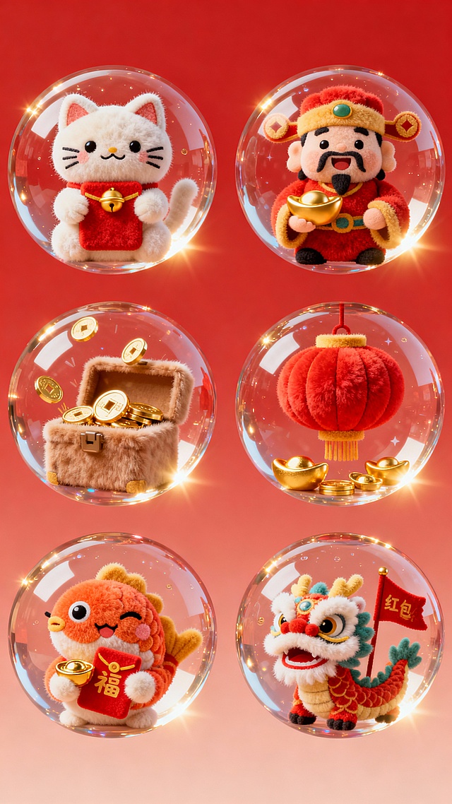 软3D风玻璃球内，毛绒质感的卡通形象融合喜庆元素，萌趣十足，传递春节欢乐氛围。#发财