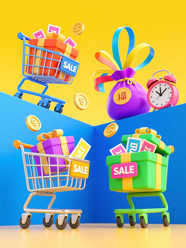 一组4个不同配色、不同样式、不同材质的3D立体电商促销元素，每个元素包含装满礼物的金属购物车、带有“SALE”标签的礼盒、漂浮的金币、装满优惠券的福袋、彩色飘带和闹钟，高饱和度配色，立体感强，黄色背景